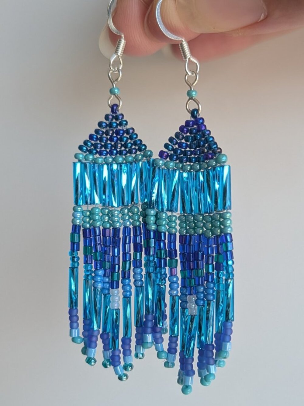 Handmade Blue Fringe Czech Seed Bead & Bugle Earrings